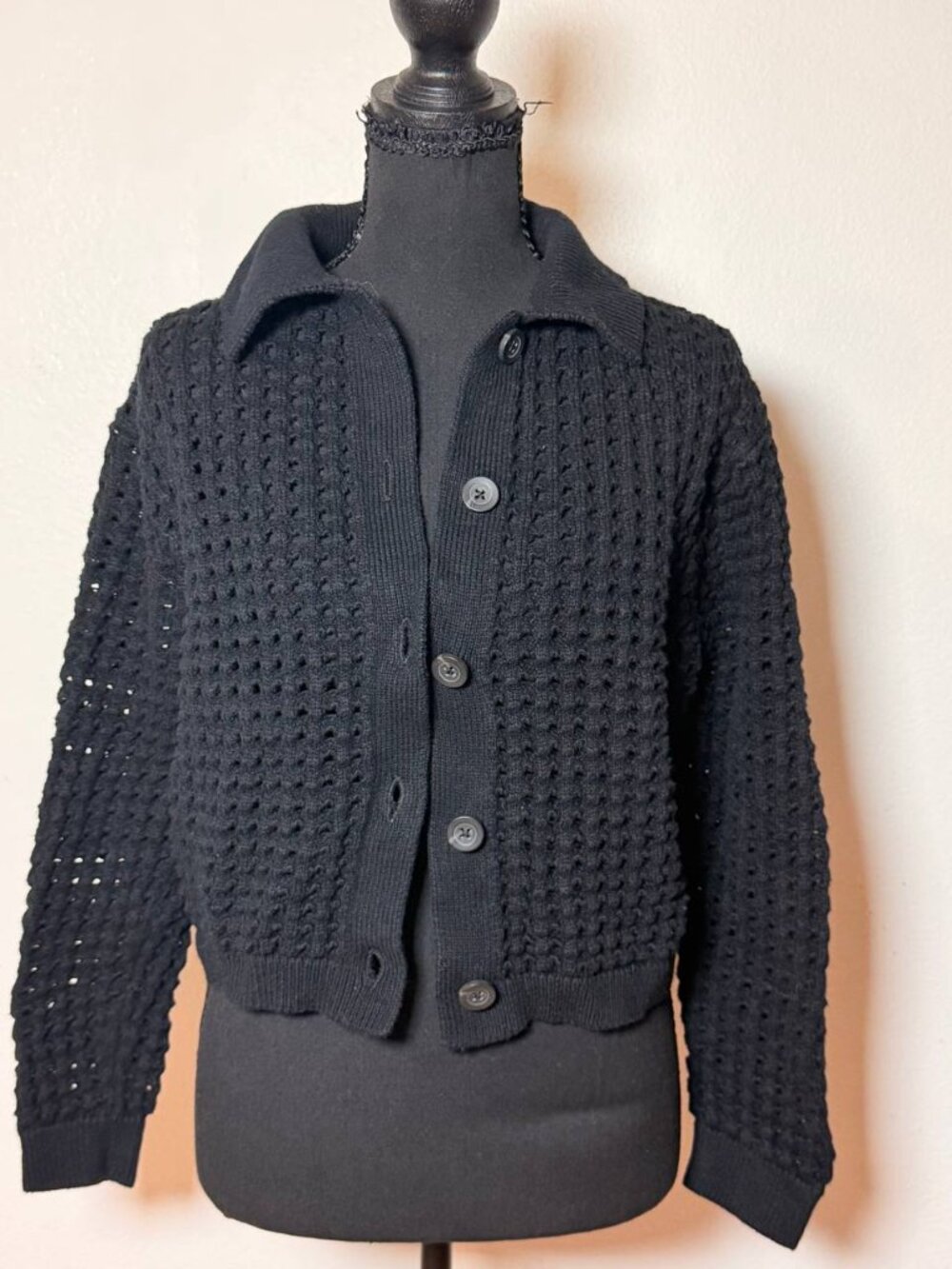 Velvet Graham & Spencer Cotton Cashmere Black Open Knit Cropped Cardigan